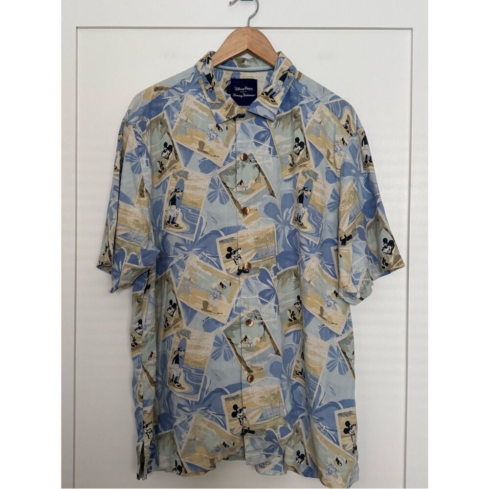 Tommy Bahama Disney Parks Shirt Men Sz L Blue Short Sleeve Hawaiian Mickey Mouse